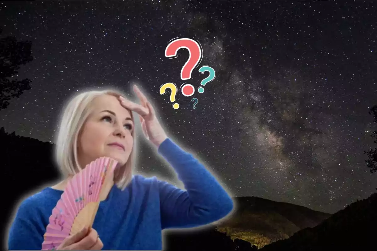 Woman with a fan in her hand looks confused under a starry sky with question marks above her head