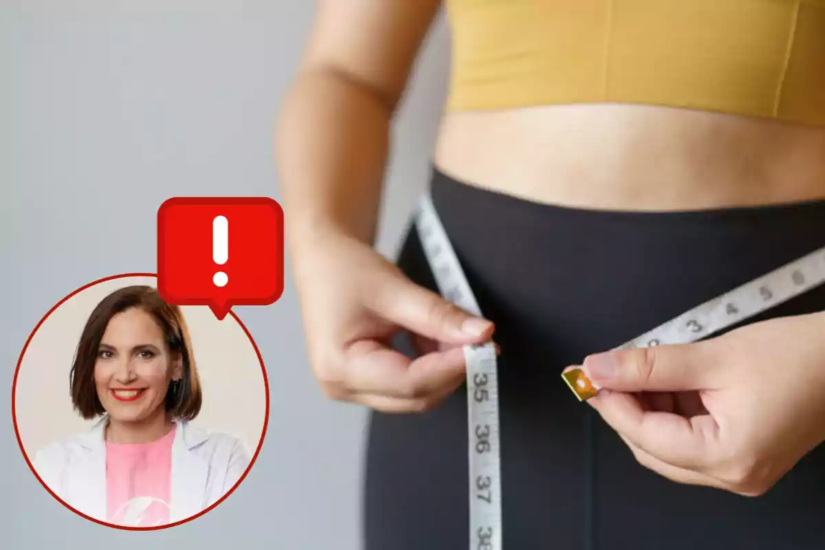 Persona mesurant-se la cintura amb una cinta mètrica mentre apareix un requadre amb Boticaria García somrient i un símbol d’advertència