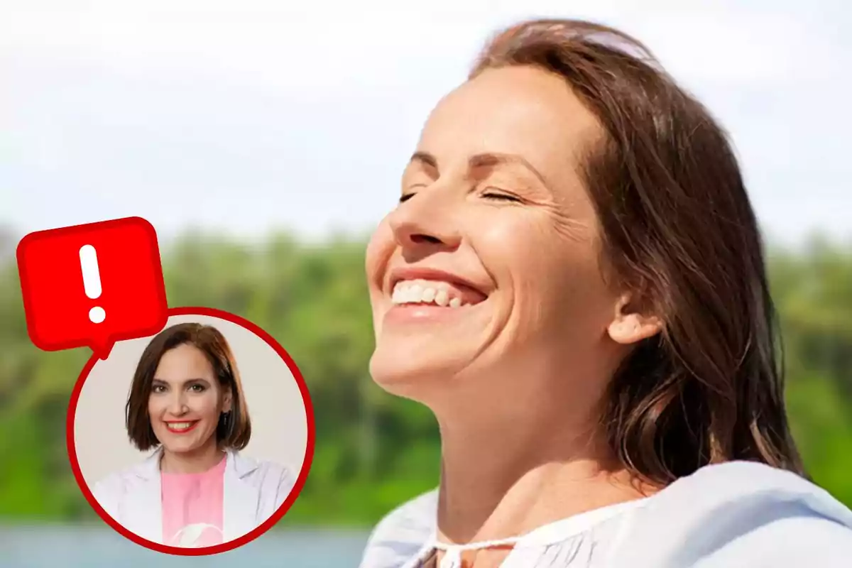 Mujer sonriente disfrutando del sol al aire libre con un recuadro de advertencia que muestra a Boticaria García