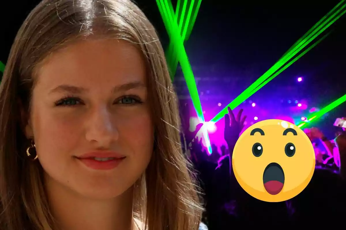La princesa Leonor somrient en primer pla amb un fons de concert ple de llums verdes i porpres i un emoji de sorpresa