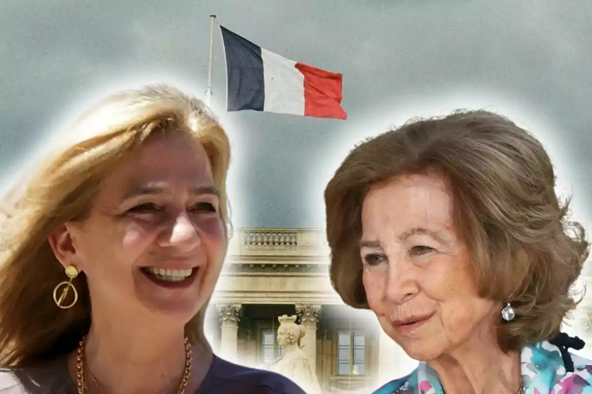 Dues dones somrients, que són la reina Sofia i la infanta Cristina en primer pla amb una bandera de França onejant al fons.