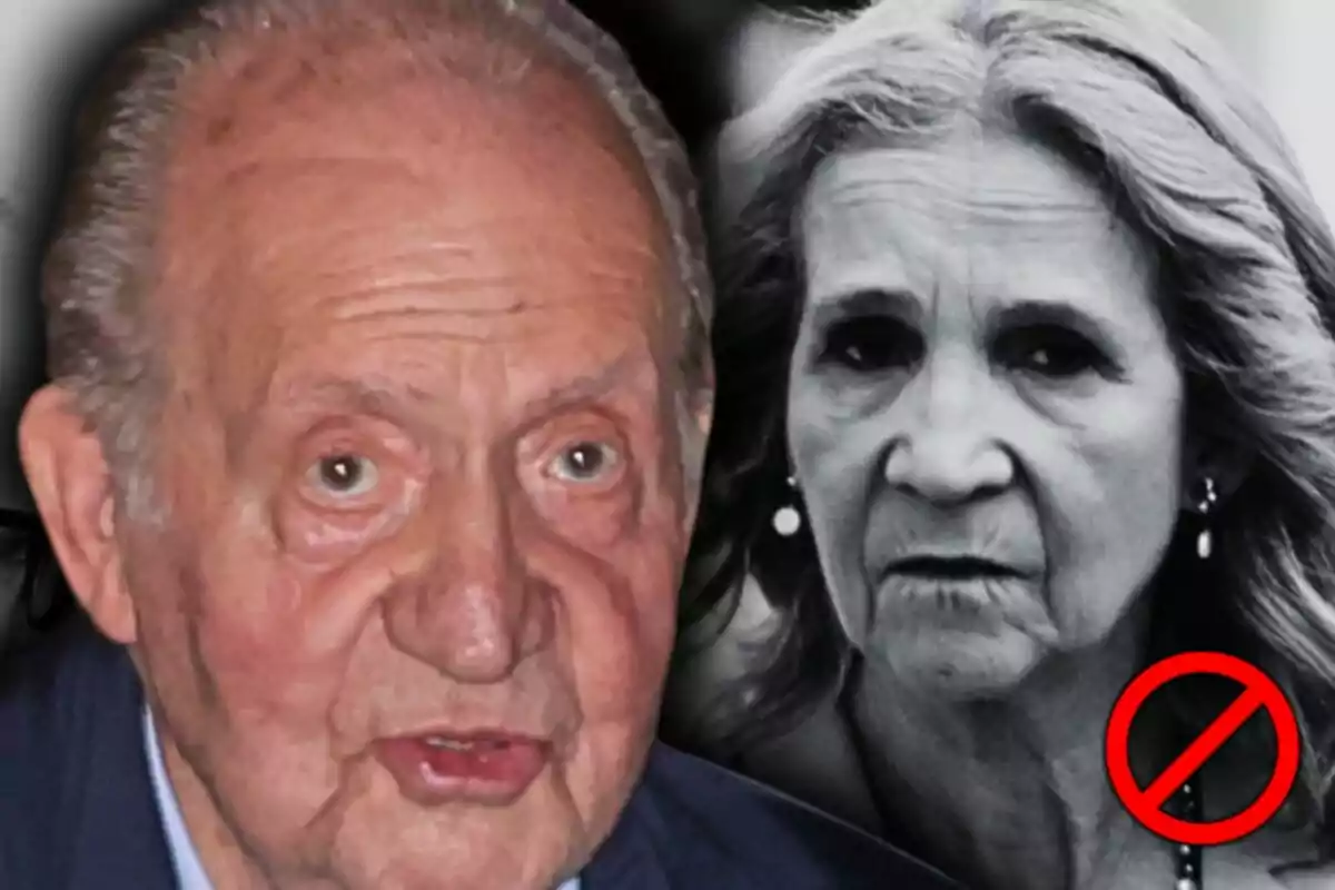 Muntatge de fotos de Joan Carles I en primer pla i la infanta Elena en blanc i negre al fons amb un símbol de prohibit a la cantonada.