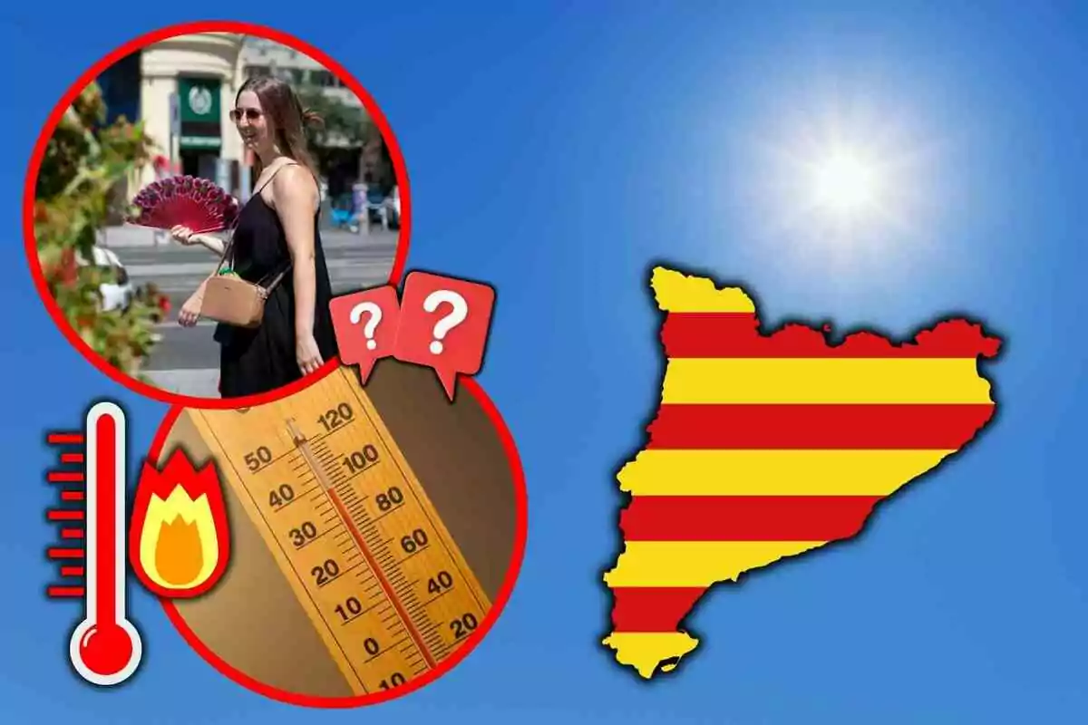 Una dona amb ulleres de sol i ventall camina sota el sol, al costat d’un termòmetre alt i un mapa de Catalunya amb ratlles vermelles i grogues, tot en un context de calor extrema.