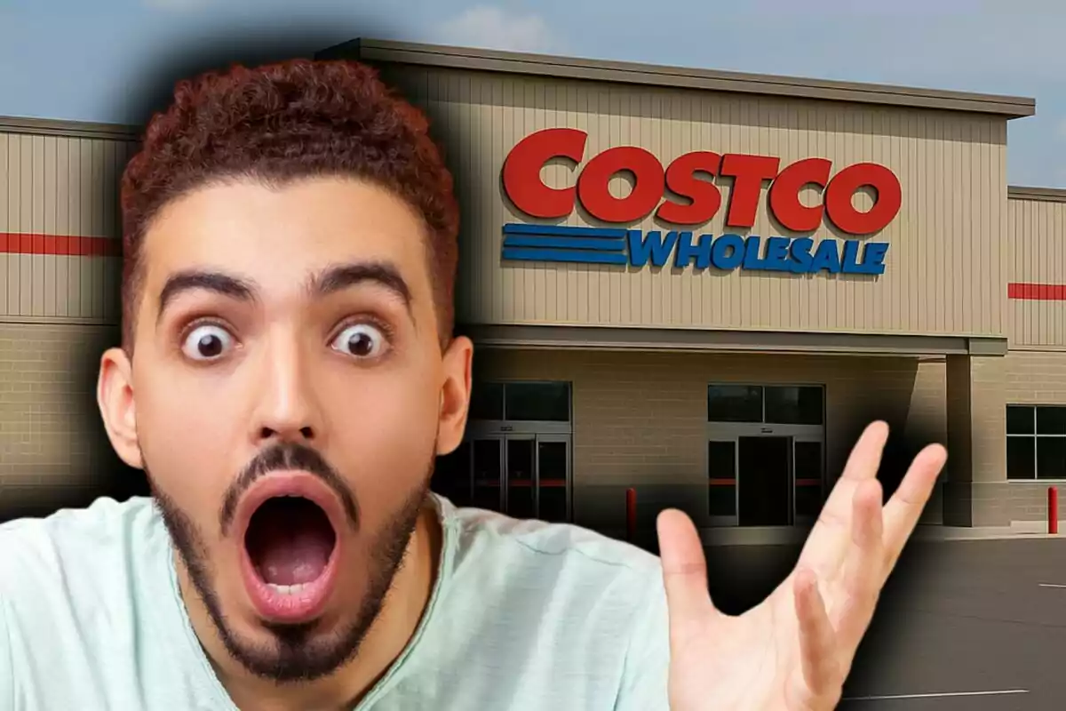 Man with a surprised expression in front of a Costco Wholesale store in the United States.