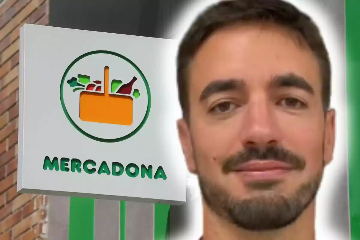 Un cartel de Mercadona junto al rostro de Mario Ortiz con barba y cabello corto.