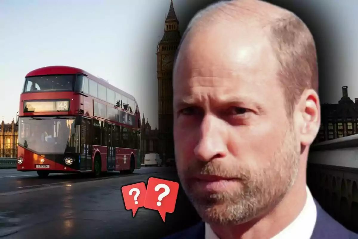 Un autobús vermell de dos pisos circula per un carrer de Londres amb el Big Ben de fons i el rostre del príncep Guillem en primer pla al costat de dues icones de signes d’interrogació.