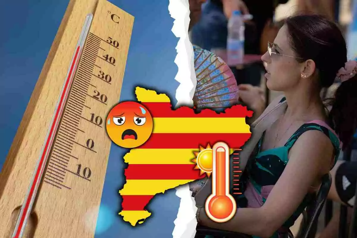 Termòmetre marcant alta temperatura al costat d’una dona ventant-se i un gràfic de calor sobre un mapa amb franges vermelles i grogues