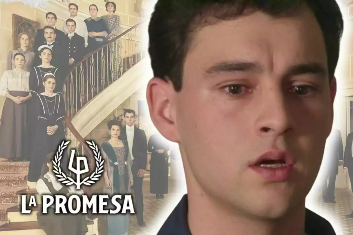 Xavi Lock amb expressió seriosa en primer pla i al fons un grup de persones en una escala elegant amb el logotip i el títol 'La Promesa'.