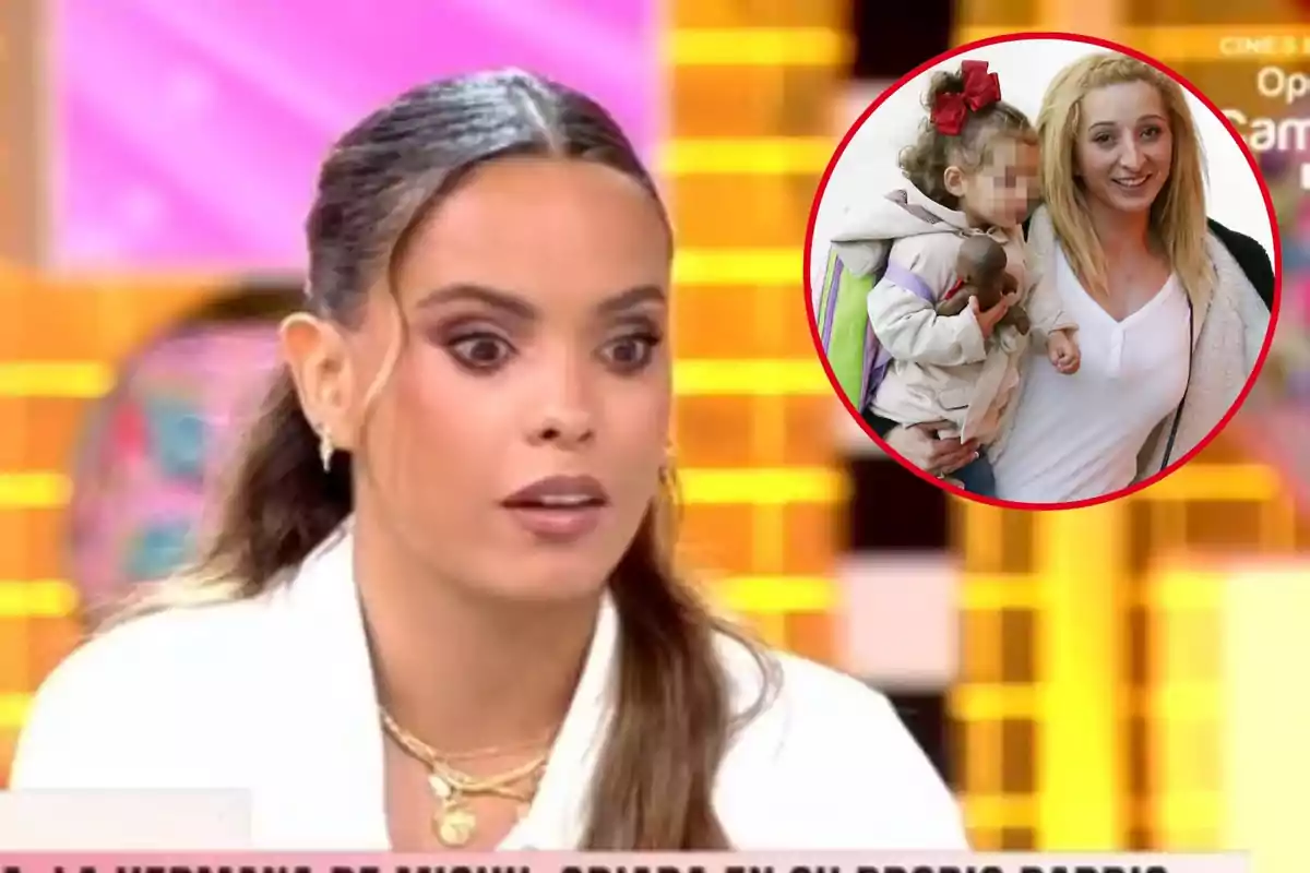 Montaje con Gloria Camila, con expresión sorprendida en el programa Fiesta, y Michu, sonriendo y sosteniendo a su hija en brazos