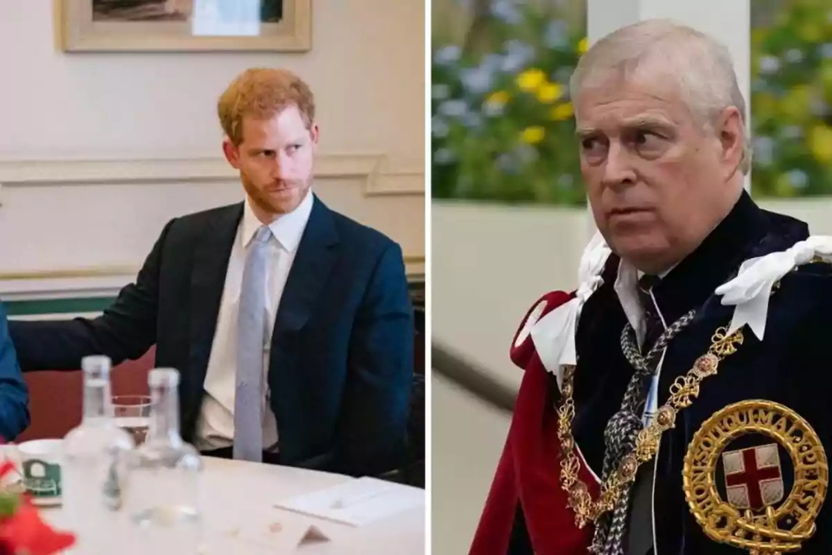 Dos homes, un amb vestit assegut a una taula i l’altre amb vestimenta cerimonial i expressió seriosa. Dos homes, un amb vestit assegut a una taula i l’altre amb vestimenta cerimonial i expressió seriosa.