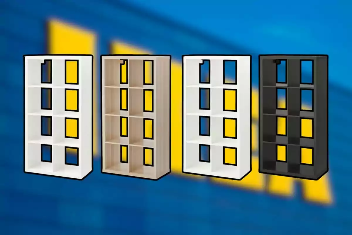 Cuatro estanterías de diferentes colores con fondo azul y amarillo desenfocado Cuatro estanterías de diferentes colores con fondo azul y amarillo desenfocado