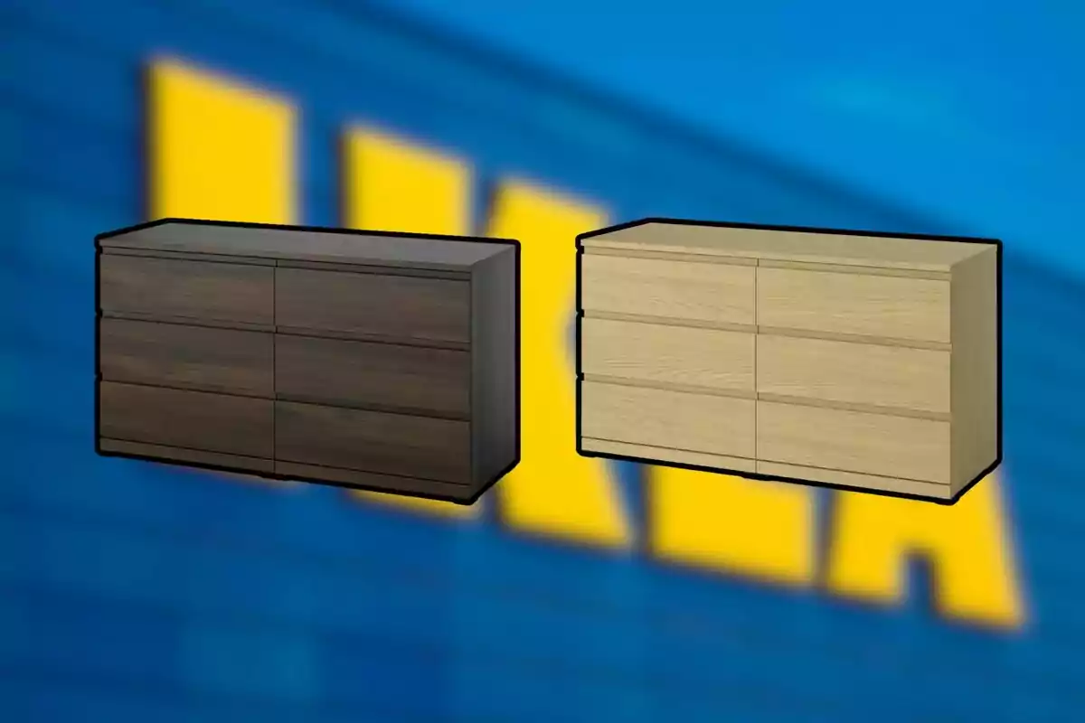 Dos cajoneras de madera, una oscura y una clara, sobre un fondo azul con letras amarillas desenfocadas Dos cajoneras de madera, una oscura y una clara, sobre un fondo azul con letras amarillas desenfocadas