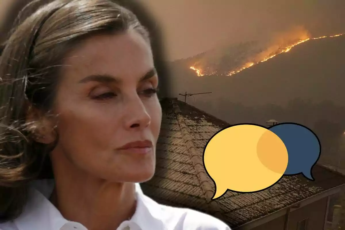 Queen Letizia with a serious expression in the foreground, a wildfire on a hillside in the background, and two overlapping speech bubbles.