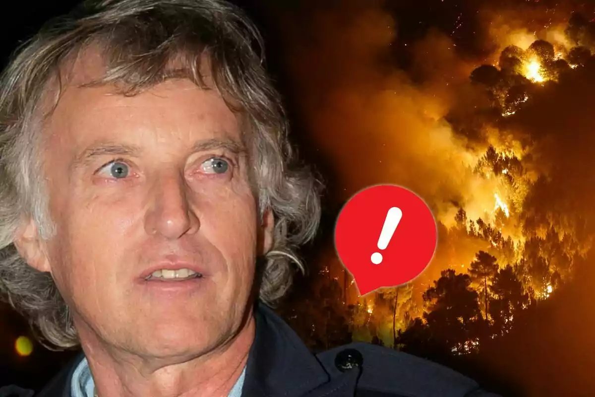 Jesús Calleja amb expressió seriosa en primer pla i un incendi forestal al fons al costat d’una icona d’advertència vermella