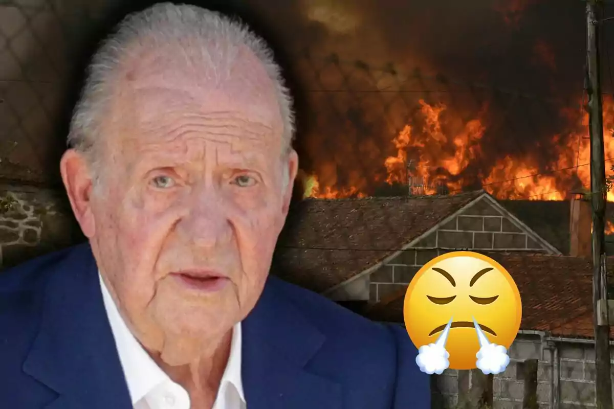 Juan Carlos I with a serious expression appears in the foreground, in the background a house fire can be seen and an angry emoji with steam coming out of its nose is over the image.