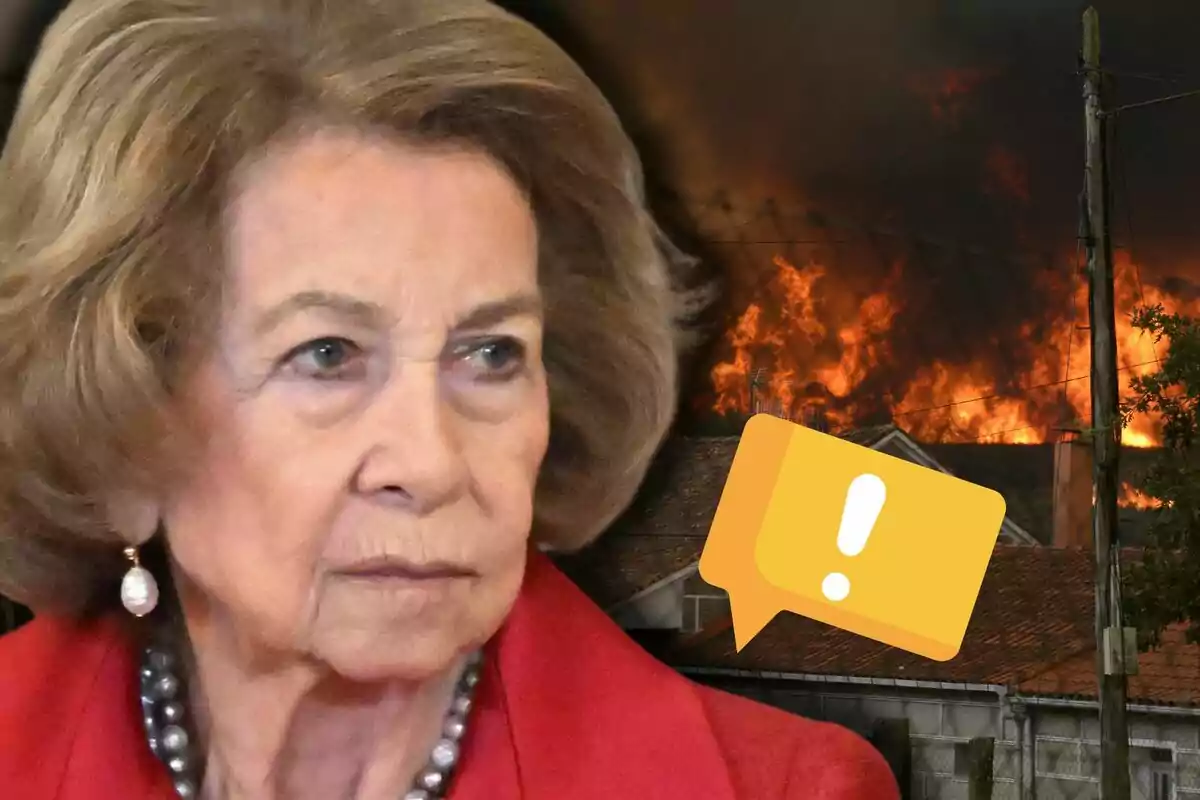 La reina Sofia amb expressió seriosa en primer pla, fons d’incendi i una icona d’advertència groga