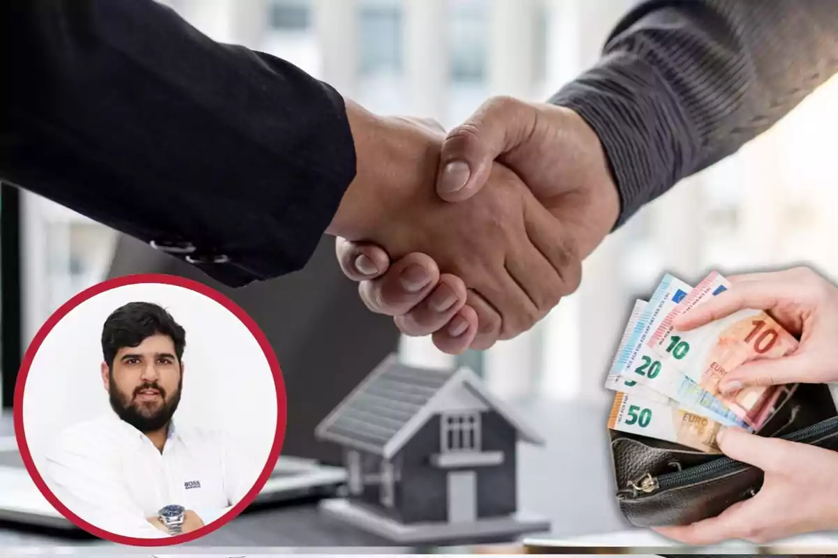 Dos personas se dan la mano frente a una maqueta de casa mientras una mano sostiene billetes de euro y en la esquina inferior izquierda aparece la foto de Jose Paino con barba y camisa blanca dentro de un círculo rojo