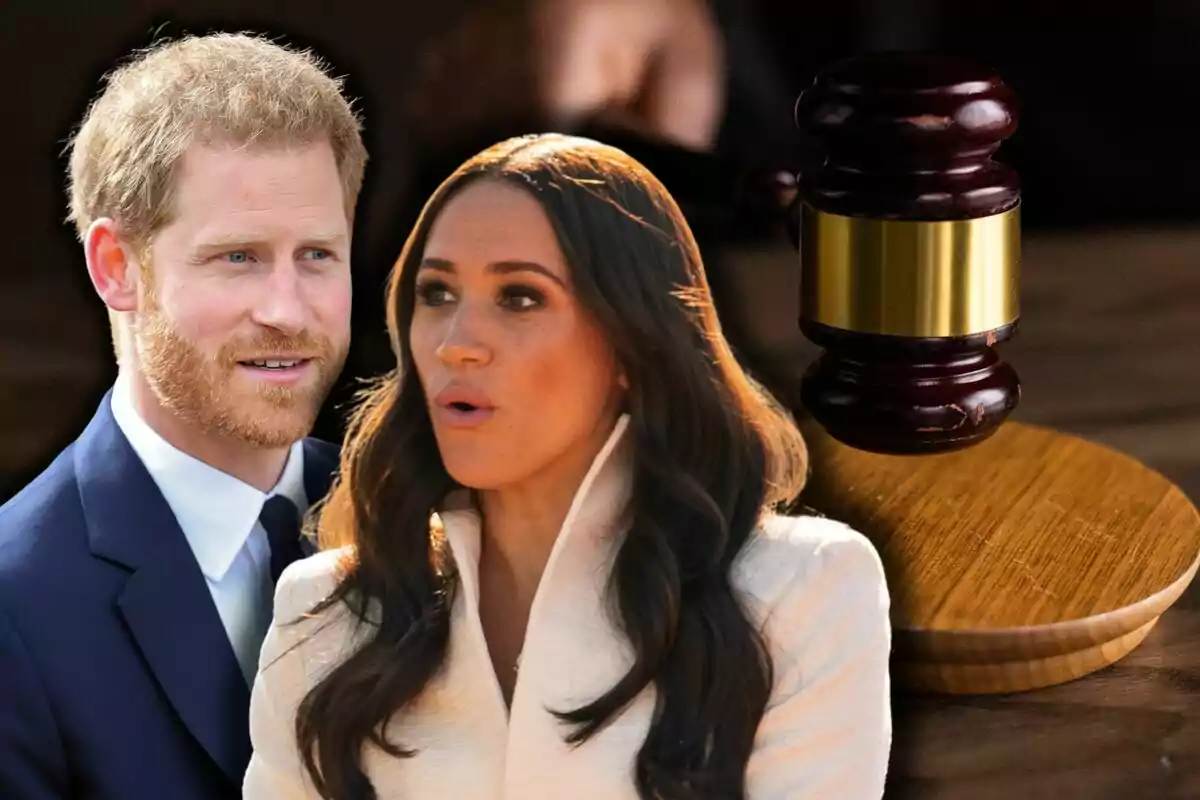 Prince Harry and Meghan Markle, dressed formally, appear in the foreground with a judge's gavel in the background on a wooden table.