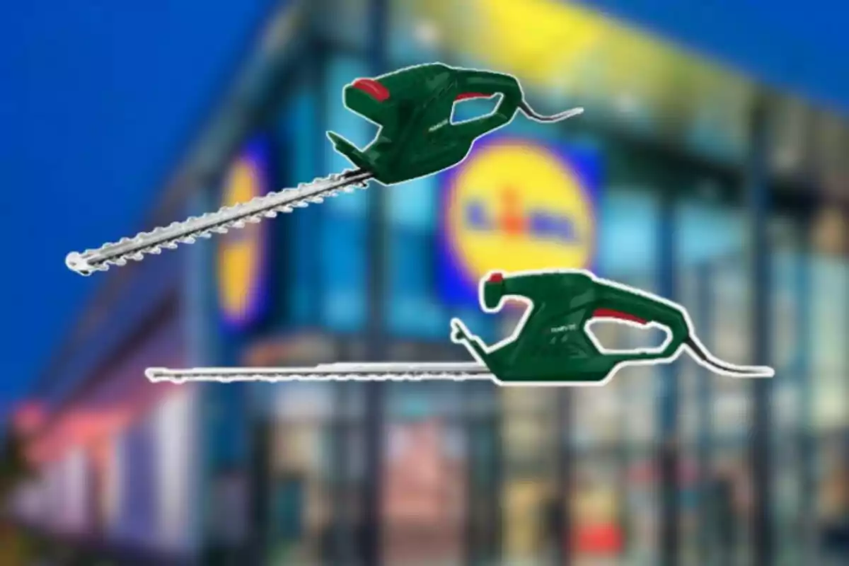 Dos tallatanques elèctrics de color verd amb detalls vermells apareixen sobre un fons desenfocat d’una botiga amb el logotip de Lidl. Dos tallatanques elèctrics de color verd amb detalls vermells apareixen sobre un fons desenfocat d’una botiga amb el logotip de Lidl.