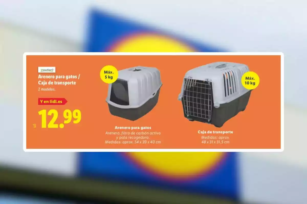 Oferta d’arener per a gats i caixa de transport Zoofari a Lidl per 12,99 euros amb imatges dels dos productes i les seves especificacions de pes i mida sobre un fons taronja Oferta d’arener per a gats i caixa de transport Zoofari a Lidl per 12,99 euros amb imatges dels dos productes i les seves especificacions de pes i mida sobre un fons taronja