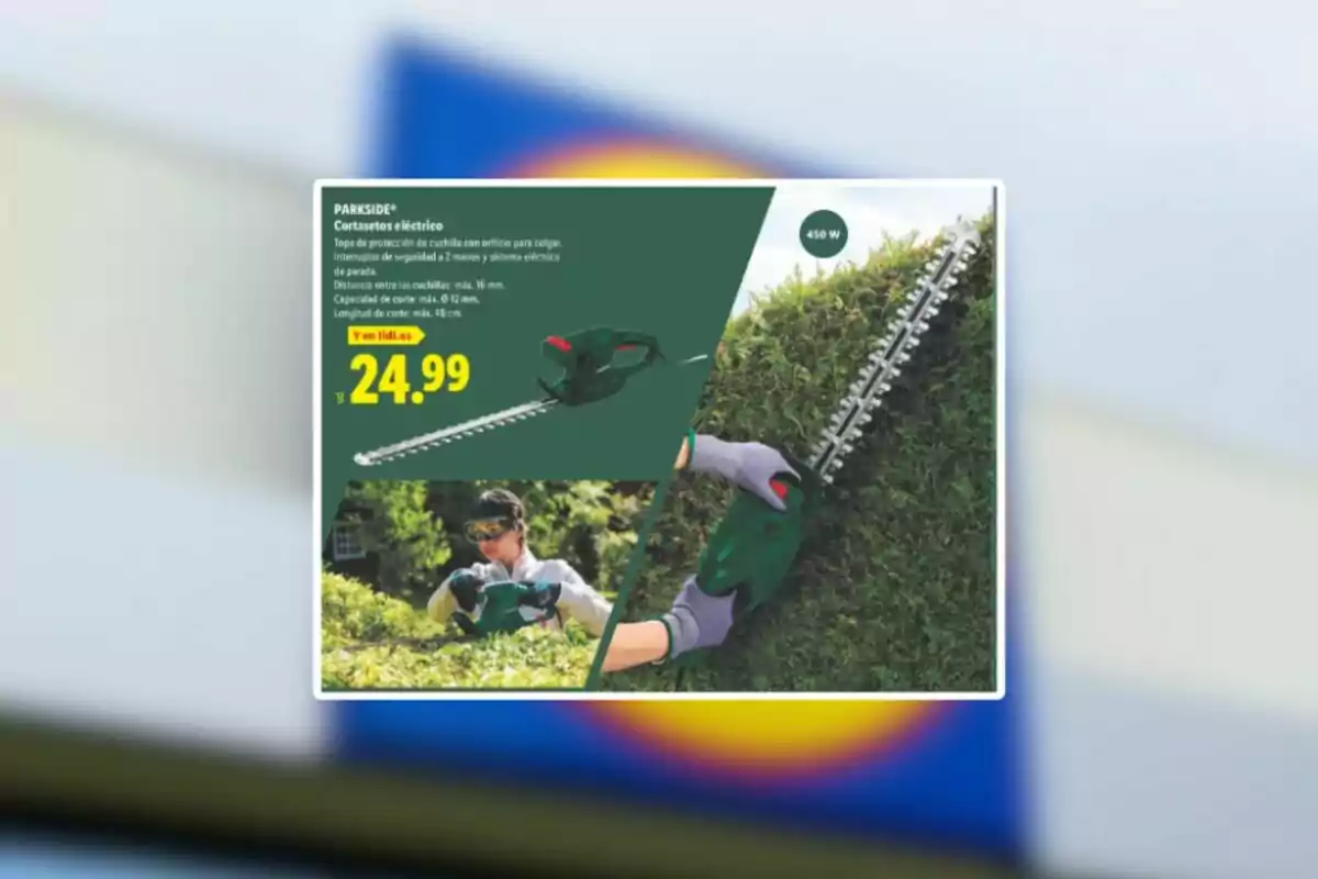 Publicitat d’un tallavores elèctric Parkside de 450 W amb un preu de 24,99 euros mostrant el producte i una persona utilitzant-lo en una tanca. Publicitat d’un tallavores elèctric Parkside de 450 W amb un preu de 24,99 euros mostrant el producte i una persona utilitzant-lo en una tanca.