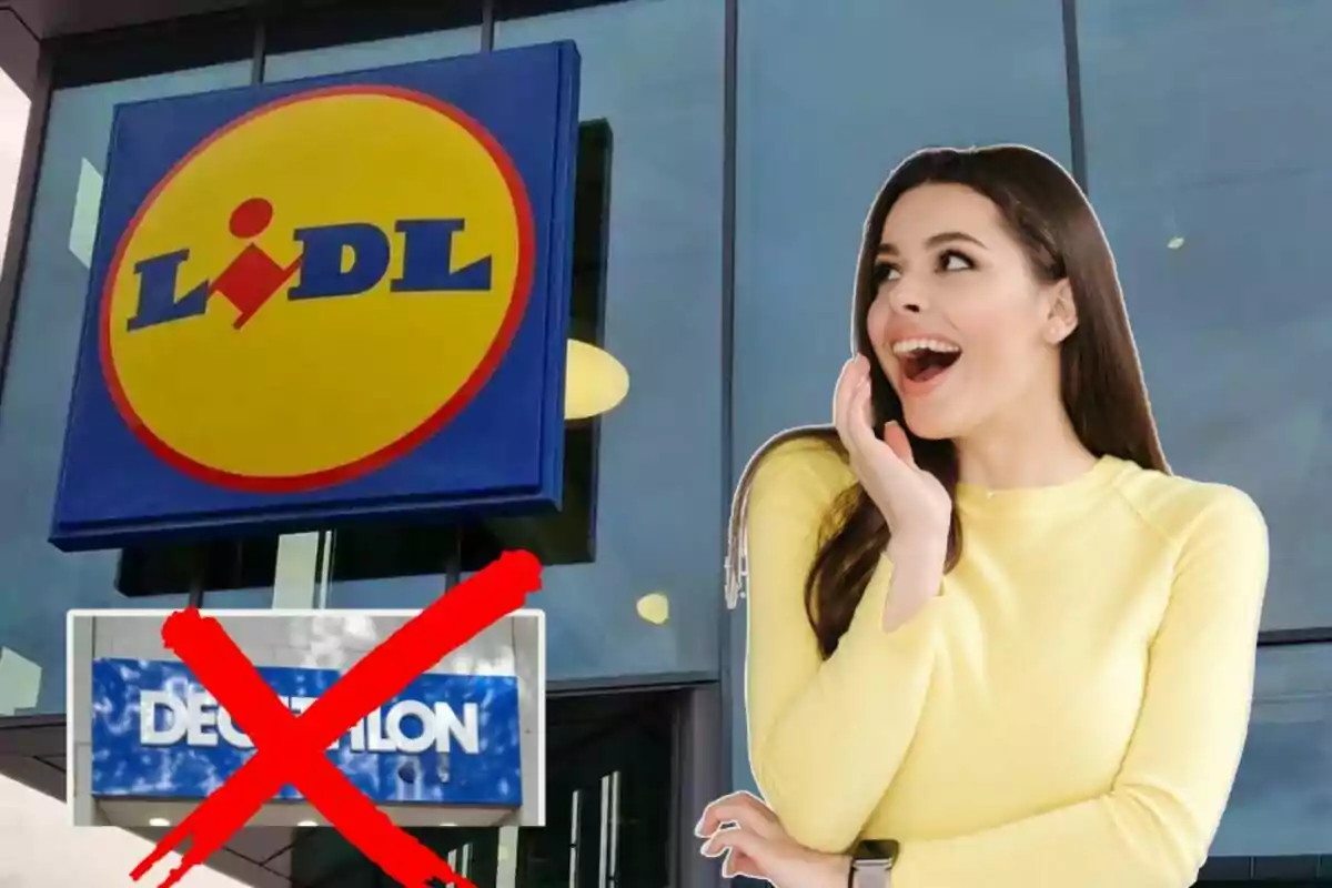 Una dona somrient amb un gest de sorpresa és davant d’un rètol de Lidl mentre un cartell de Decathlon apareix ratllat amb una gran X vermella. Una dona somrient amb un gest de sorpresa és davant d’un rètol de Lidl mentre un cartell de Decathlon apareix ratllat amb una gran X vermella.