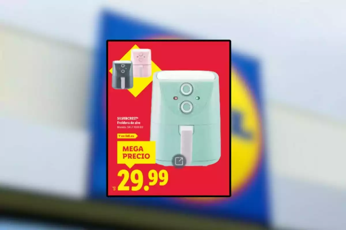 Publicidad de una freidora de aire Silvercrest en colores negro, rosa y verde menta con un precio destacado de 29.99 euros sobre un fondo rojo y el logo de Lidl desenfocado detrás.