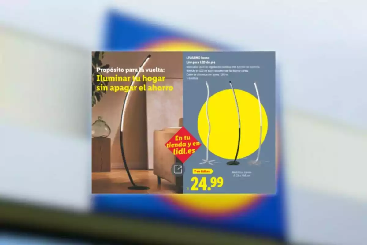 Publicitat de làmpada LED de peu de la marca Livarno home disponible a Lidl per 24,99 euros, amb disseny modern i tres models diferents, destacant l’estalvi d’energia i la il·luminació de la llar. Publicitat de làmpada LED de peu de la marca Livarno home disponible a Lidl per 24,99 euros, amb disseny modern i tres models diferents, destacant l’estalvi d’energia i la il·luminació de la llar.