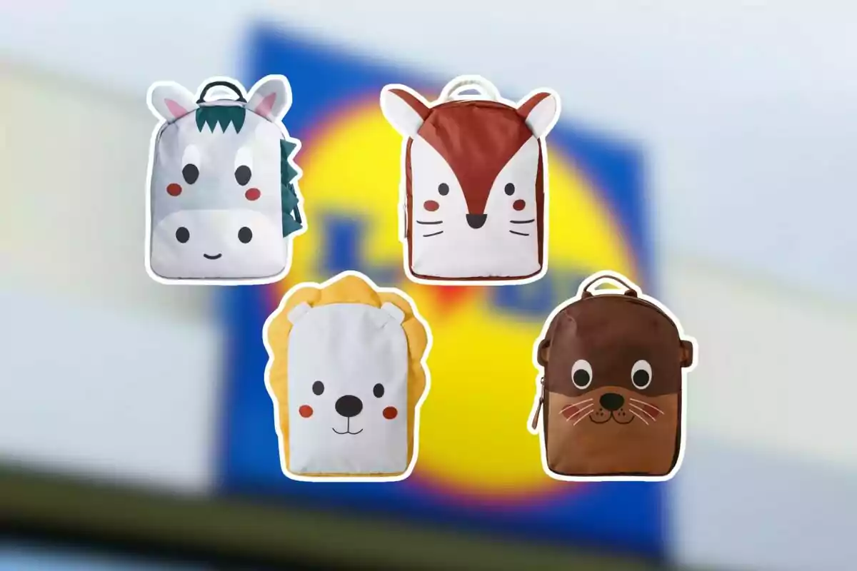 Quatre motxilles infantils amb dissenys d’animals sobre un fons desenfocat d’una botiga Lidl Quatre motxilles infantils amb dissenys d’animals sobre un fons desenfocat d’una botiga Lidl