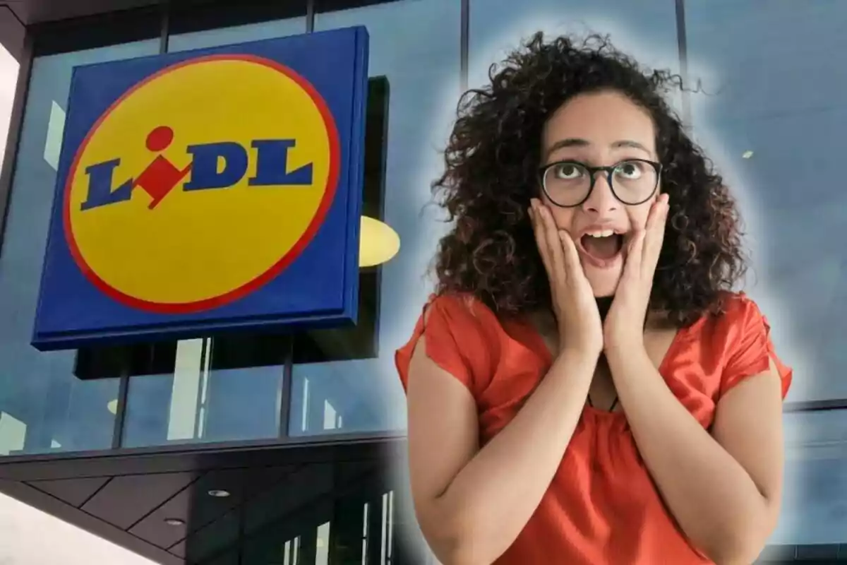 Una mujer con expresión de sorpresa está frente a un supermercado Lidl