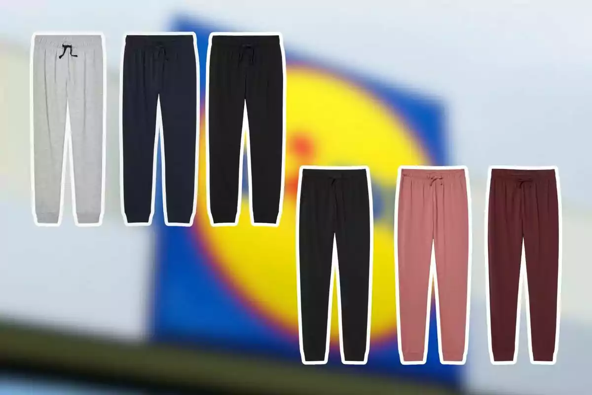 Seis pantalones deportivos de diferentes colores sobre un fondo desenfocado con el logo de una tienda. Seis pantalones deportivos de diferentes colores sobre un fondo desenfocado con el logo de una tienda.