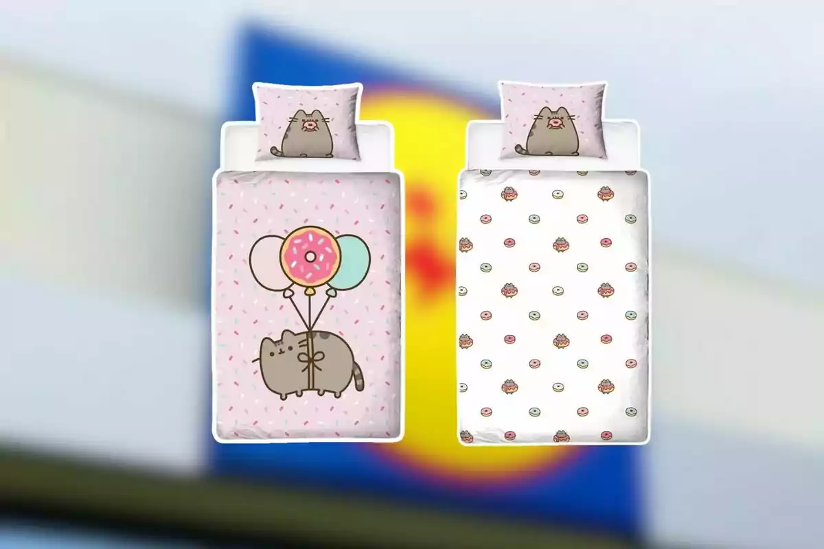 Dos juegos de sábanas infantiles con diseño de gato y donas sobre un fondo desenfocado Dos juegos de sábanas infantiles con diseño de gato y donas sobre un fondo desenfocado