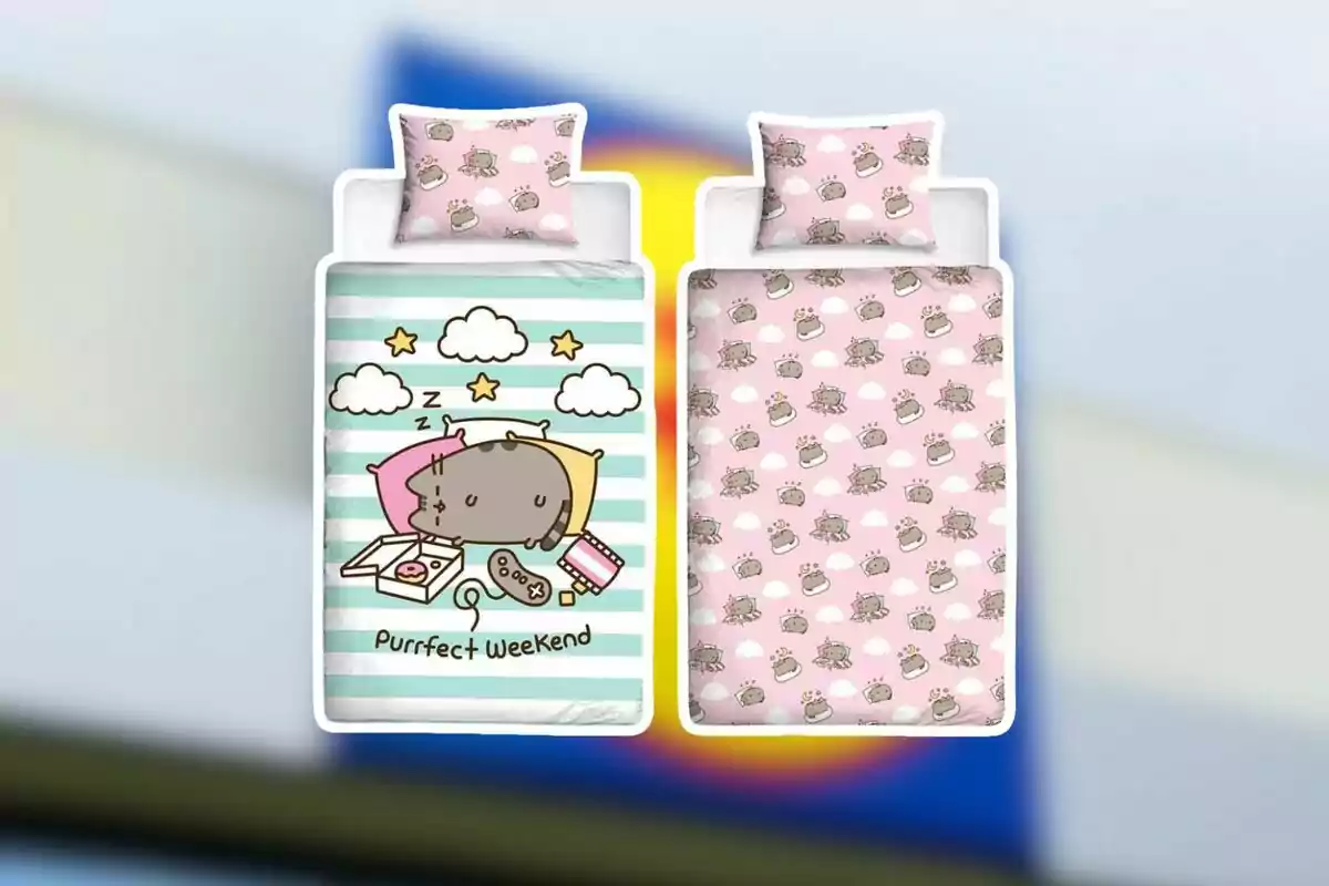 Dos juegos de sábanas infantiles con diseño de un gato gris en diferentes poses sobre fondo de rayas verdes y fondo rosa con nubes y estrellas Dos juegos de sábanas infantiles con diseño de un gato gris en diferentes poses sobre fondo de rayas verdes y fondo rosa con nubes y estrellas