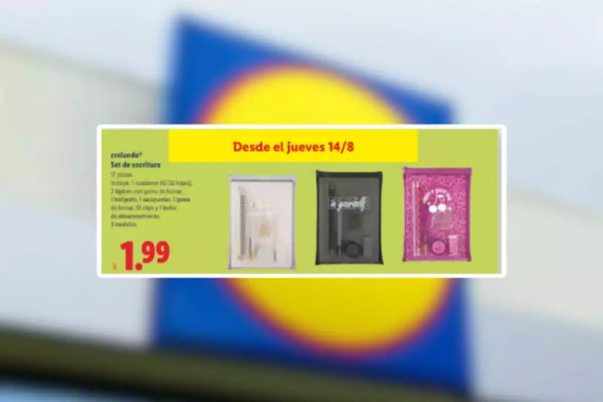 Publicitat d’un set d’escriptura de 17 peces en tres colors diferents amb un preu d’1,99 euros disponible a partir de dijous 14 d’agost davant d’un fons desenfocat d’una botiga Publicitat d’un set d’escriptura de 17 peces en tres colors diferents amb un preu d’1,99 euros disponible a partir de dijous 14 d’agost davant d’un fons desenfocat d’una botiga
