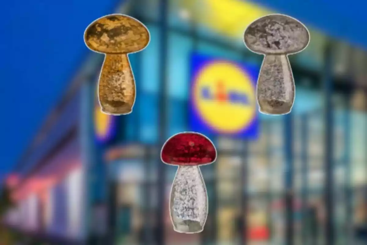 Tres figures de bolets de diferents colors sobre un fons borros d’una botiga amb el logotip de Lidl.