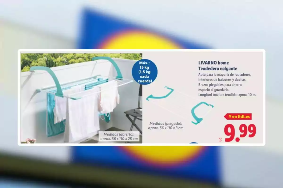Tendedero colgante Livarno Home de color blanco y turquesa instalado en un balcón con ropa colgada, información de medidas, capacidad máxima y precio destacado en 9,99 euros