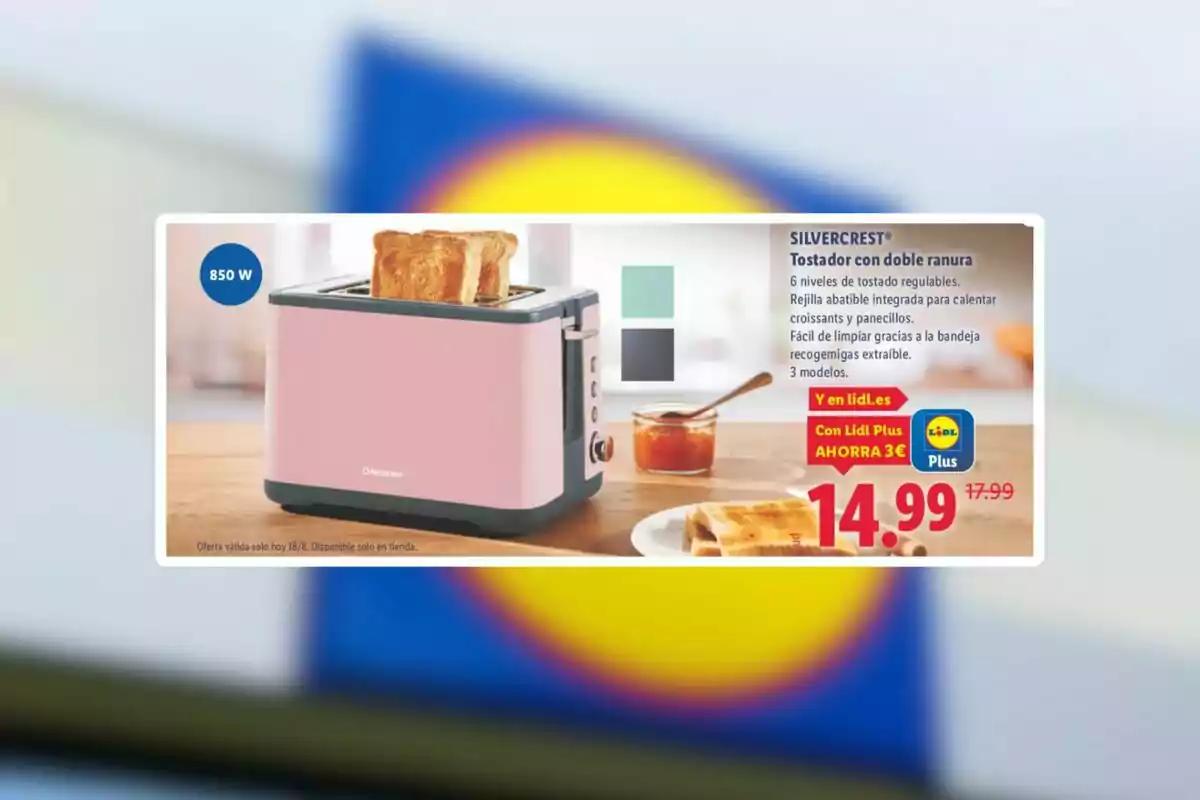 Torradora rosa de la marca Silvercrest amb dues llesques de pa torrat, acompanyada d’un pot de melmelada i una oferta especial de 14,99 euros a Lidl. Torradora rosa de la marca Silvercrest amb dues llesques de pa torrat, acompanyada d’un pot de melmelada i una oferta especial de 14,99 euros a Lidl.