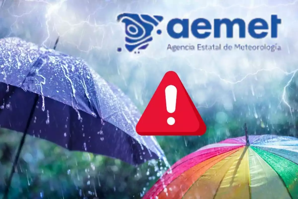 Dos paraigües sota la pluja intensa amb un símbol d’advertència i el logotip de l’Agència Estatal de Meteorologia al fons