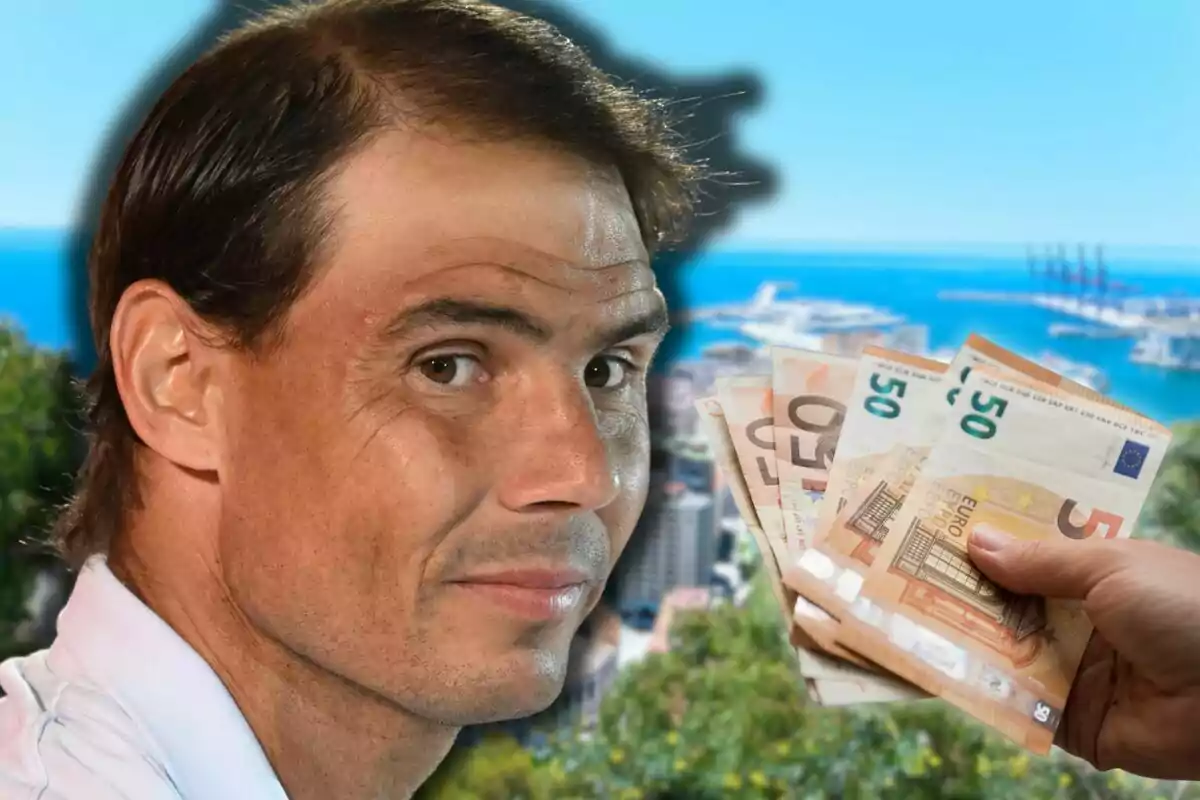 Rafa Nadal mirant a la càmera amb bitllets d’euro en primer pla i un port de fons