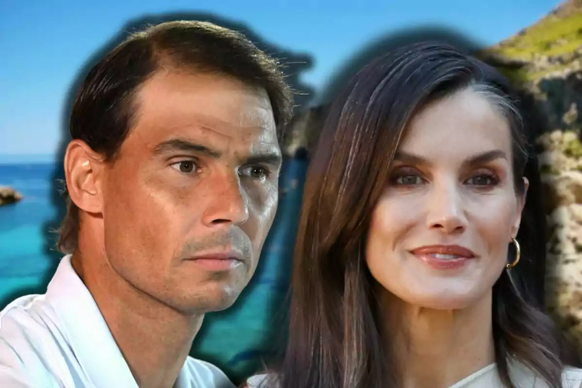 Rafa Nadal i la reina Letícia amb expressió seriosa i fons de paisatge costaner amb mar blau i roques