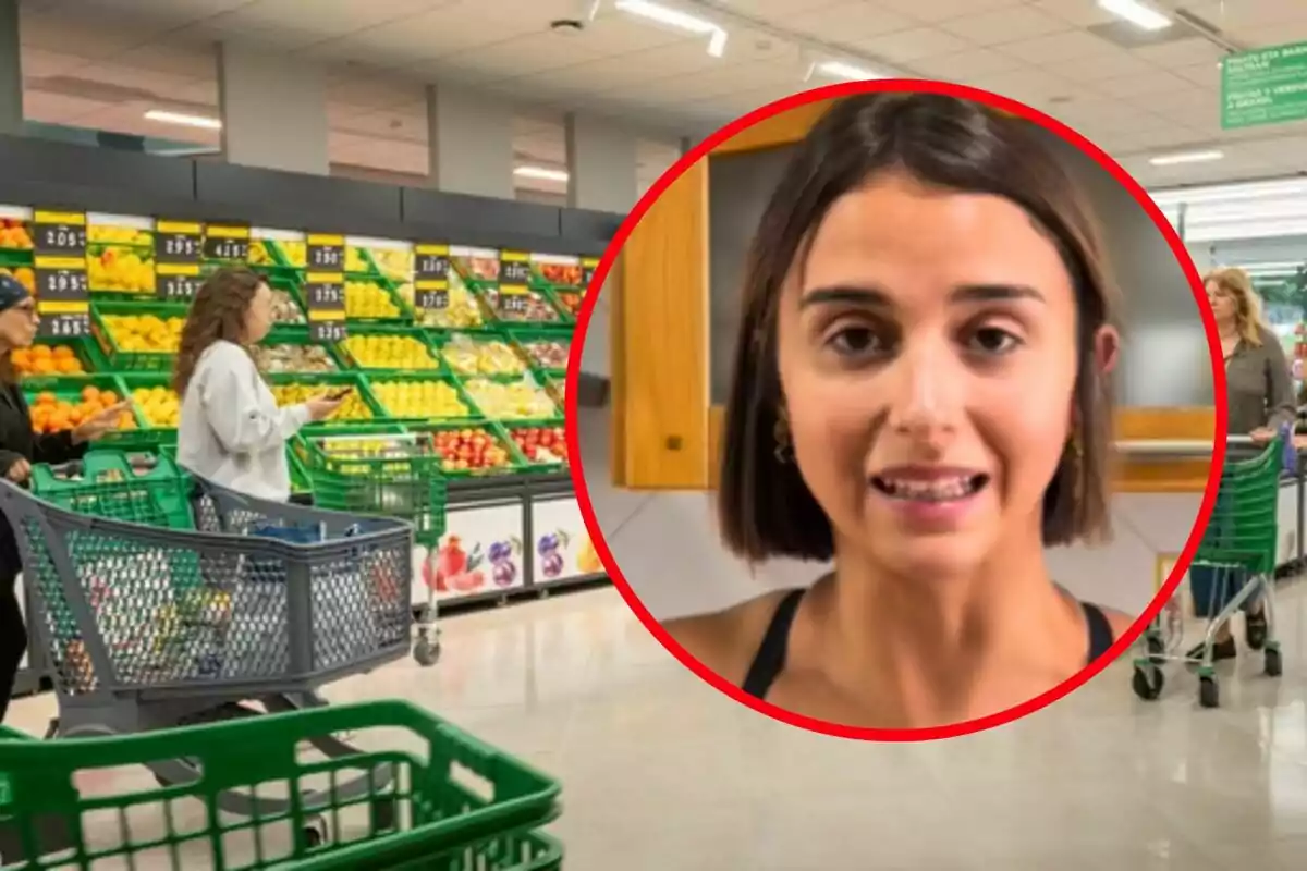Dones fent la compra a la secció de fruites i verdures d’un supermercat amb un cercle ressaltant la cara d’una noia jove de cabell curt i brackets.