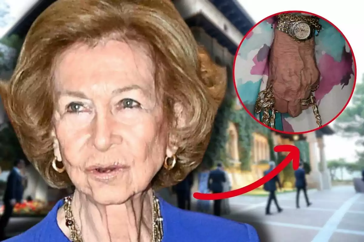 La reina Sofia, amb arracades i collaret daurats, amb un requadre que mostra la seva mà amb un rellotge i polseres, de fons un edifici i persones caminant.