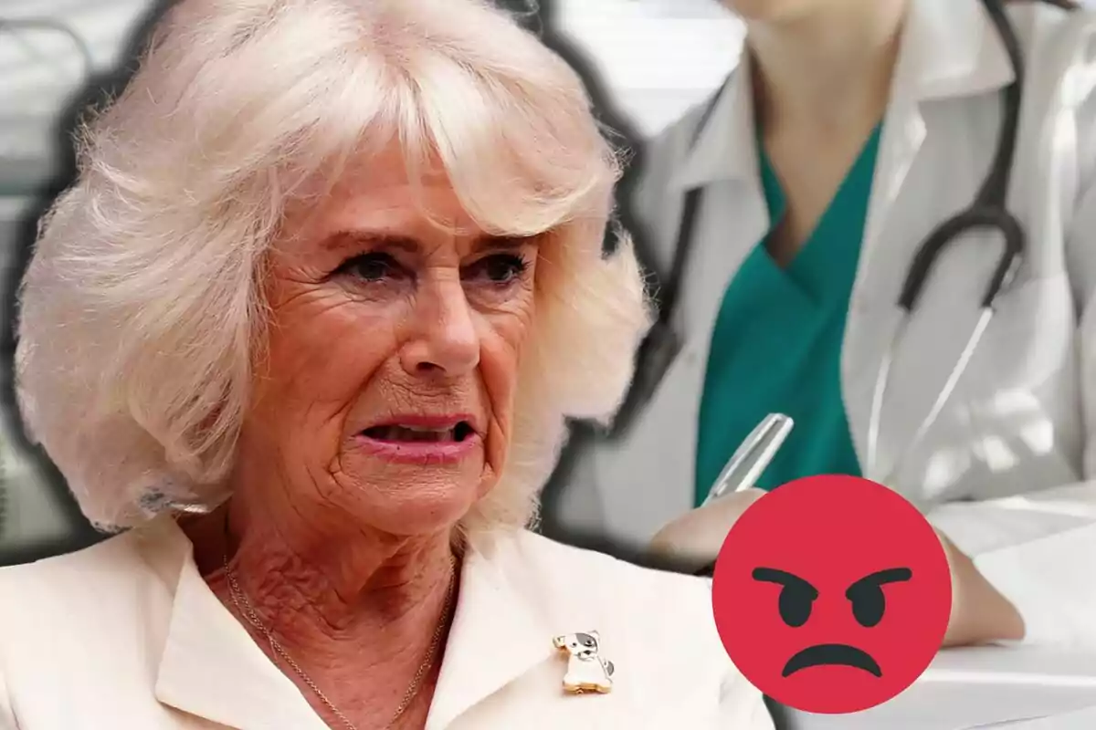 La reina Camila amb expressió de disgust davant d’una persona amb bata mèdica i un emoji d’enfadament en primer pla