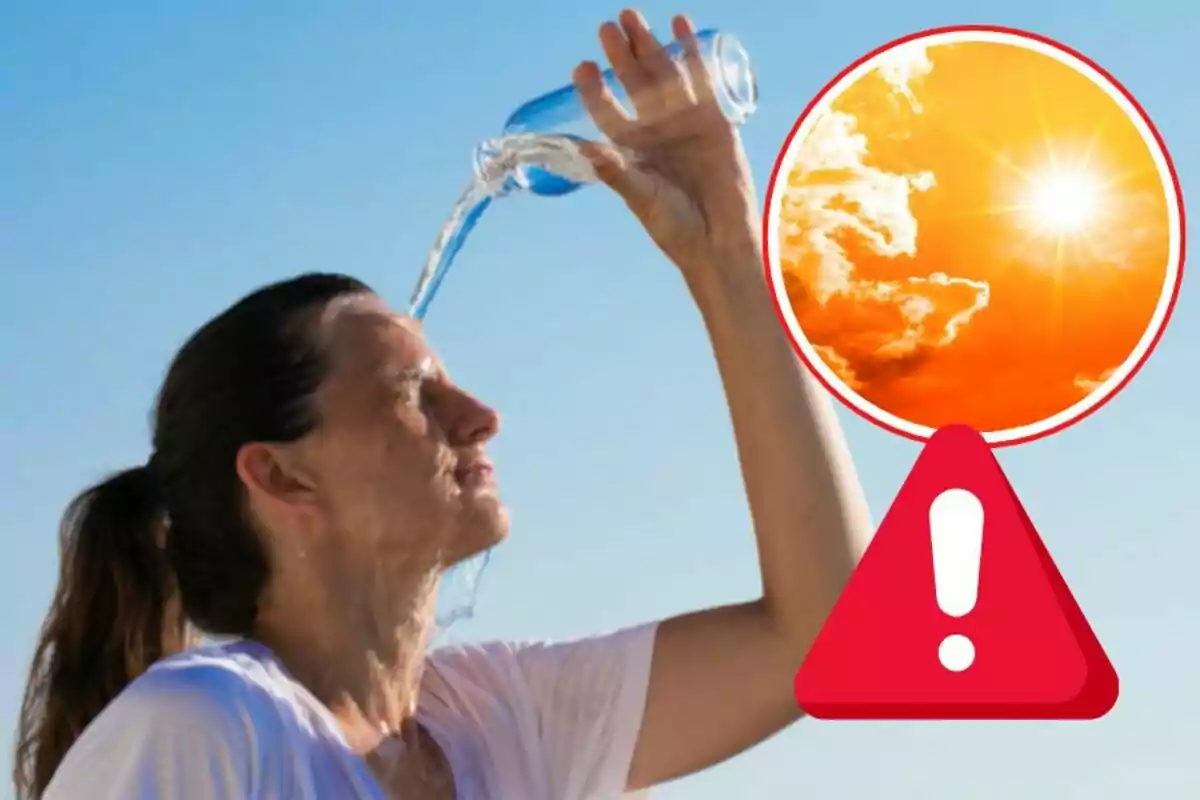 Dona refrescant-se amb aigua sota el sol intens amb un símbol d’advertència i una imatge de calor extrema Dona refrescant-se amb aigua sota el sol intens amb un símbol d’advertència i una imatge de calor extrema