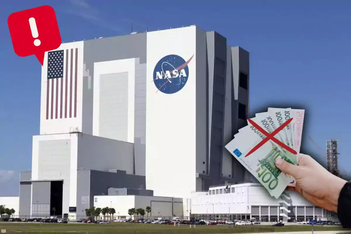 NASA building with a hand holding crossed-out bills and a warning icon in the top left corner
