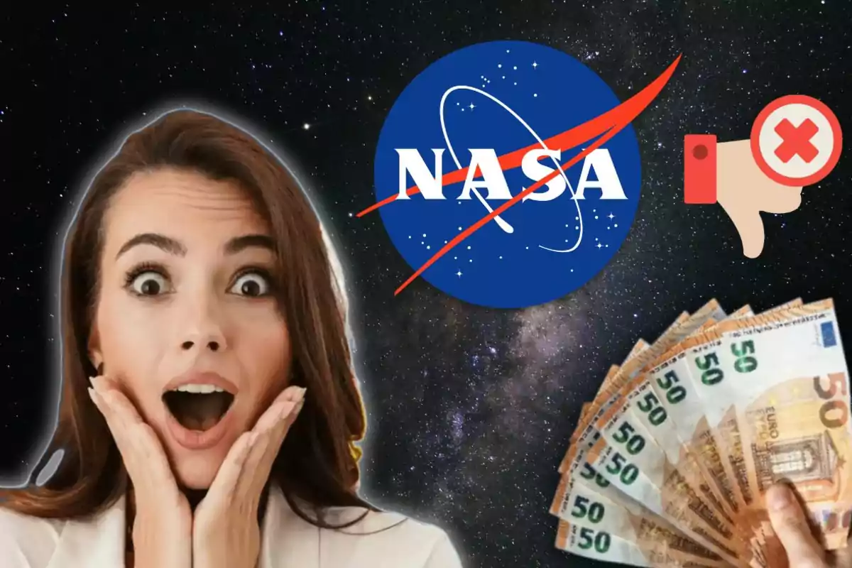 Surprised woman next to the NASA logo, a thumbs down, and several 50-euro bills on a starry background