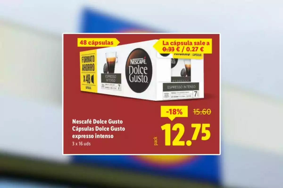 Oferta de càpsules Nescafé Dolce Gusto Espresso Intenso format estalvi de 48 unitats amb preu rebaixat a 12,75 euros i descompte del 18 per cent Oferta de càpsules Nescafé Dolce Gusto Espresso Intenso format estalvi de 48 unitats amb preu rebaixat a 12,75 euros i descompte del 18 per cent