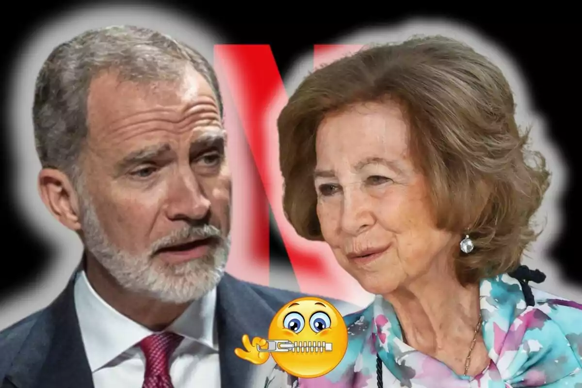 Felipe VI y la reina Sofía conversando frente a un fondo con la letra N roja y un emoji de silencio en primer plano