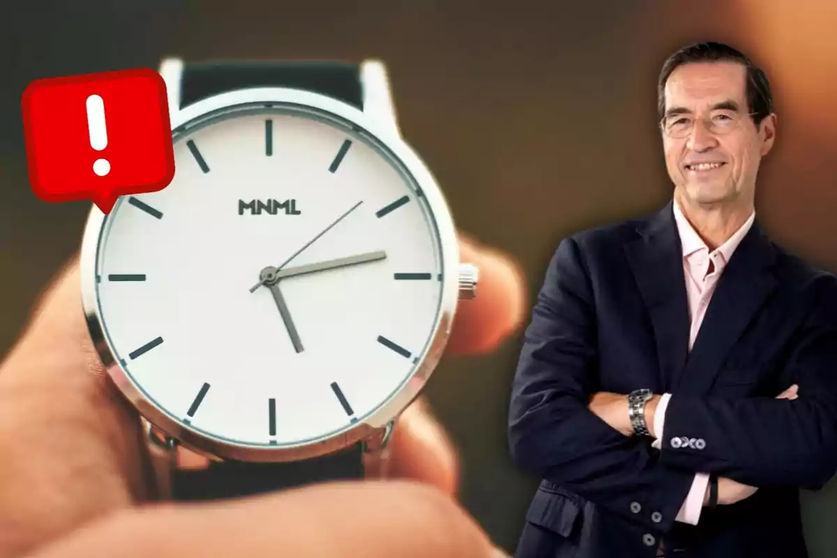 Mario Alonso Puig de traje sonriente aparece junto a un reloj de pulsera grande sostenido por una mano y un ícono de advertencia rojo