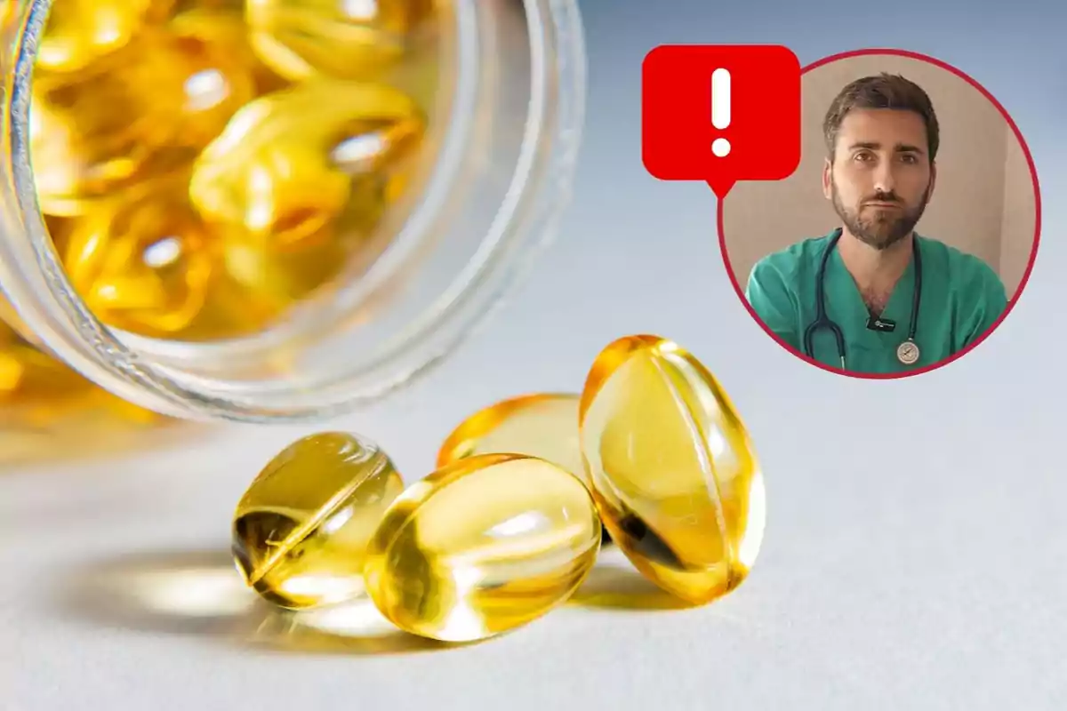 Cápsulas amarillas de suplemento sobre una superficie con un frasco abierto y Borja Quiroga, médico con expresión seria en un recuadro con símbolo de advertencia